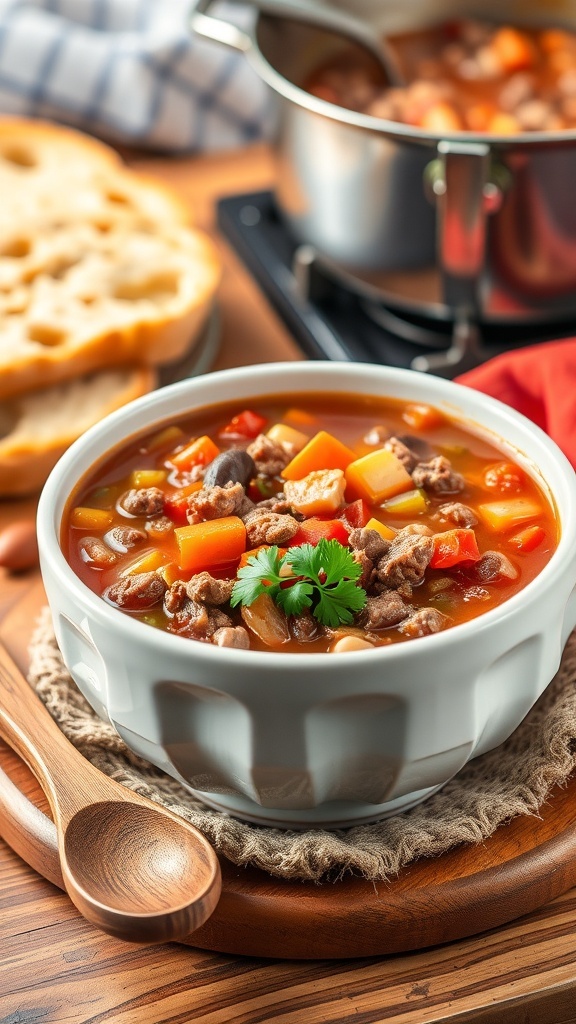 A bowl of hamburger soup with ground beef, beans, and vegetables, garnished with parsley, on a rustic table with bread.